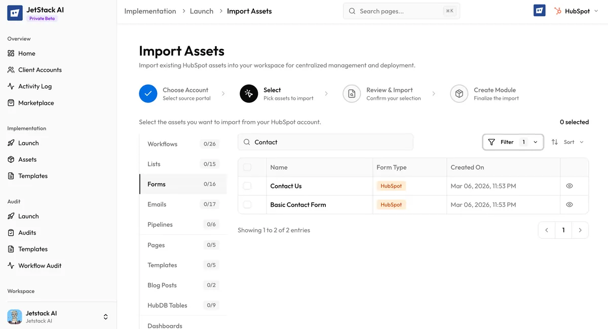 JetStack AI import wizard search and filter functionality for finding specific HubSpot assets