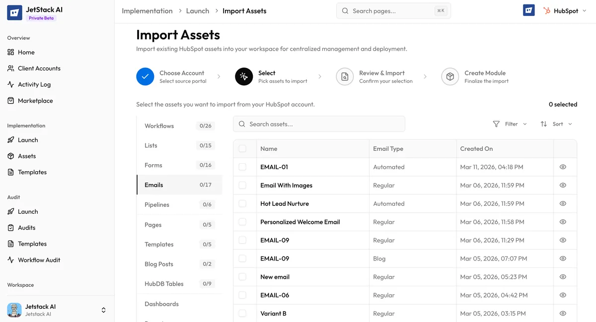 JetStack AI import wizard Step 2 showing tabbed asset selection interface with CRM, CMS, and Ultimate categories