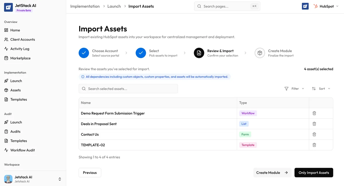JetStack AI import wizard Step 3 showing grouped review summary of selected assets by type