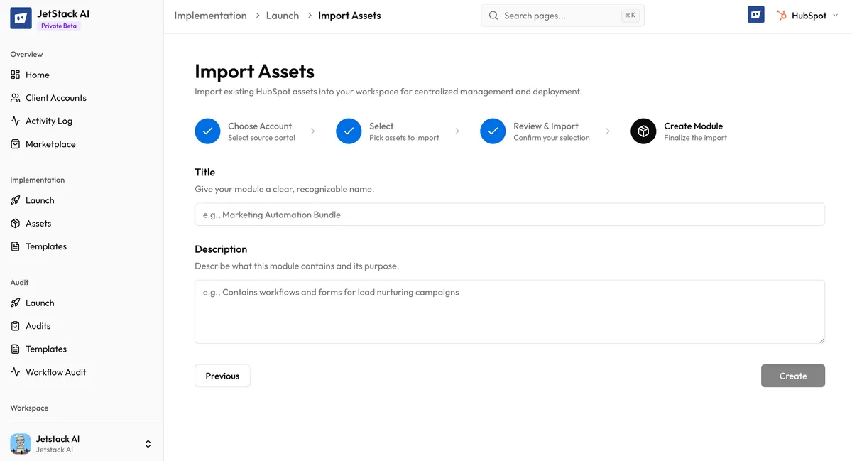 JetStack AI import wizard Step 4 showing module creation form with title and description fields