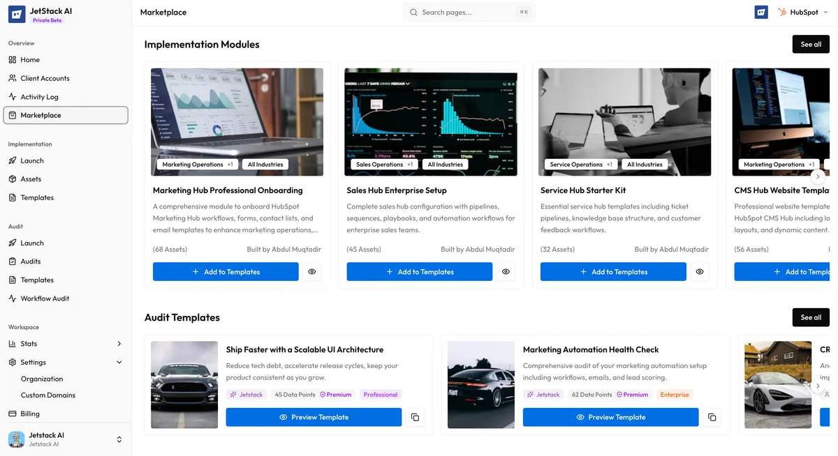 JetStack AI Marketplace home page showing featured modules and audit templates in horizontal scroll rows