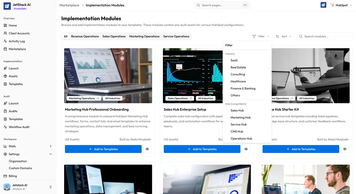 JetStack AI Marketplace implementation modules catalog showing module cards with categories, asset counts, and install buttons