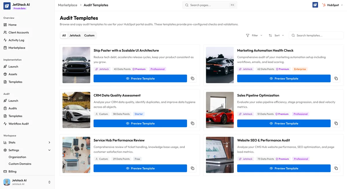 JetStack AI Marketplace audit templates catalog showing template cards with hub focus badges and block counts